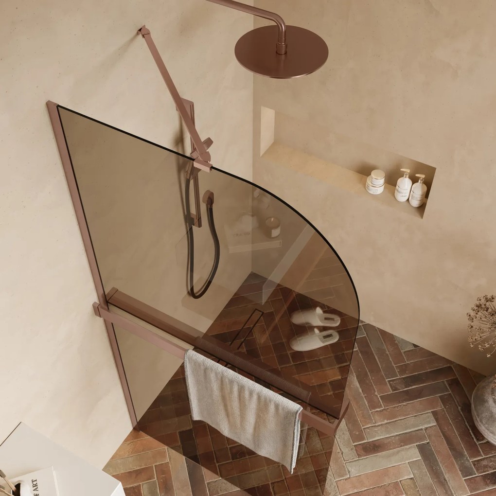 Saniclear Dawn afgeronde inloopdouche 120cm geborsteld koper met bronsglas en handdoekhouder