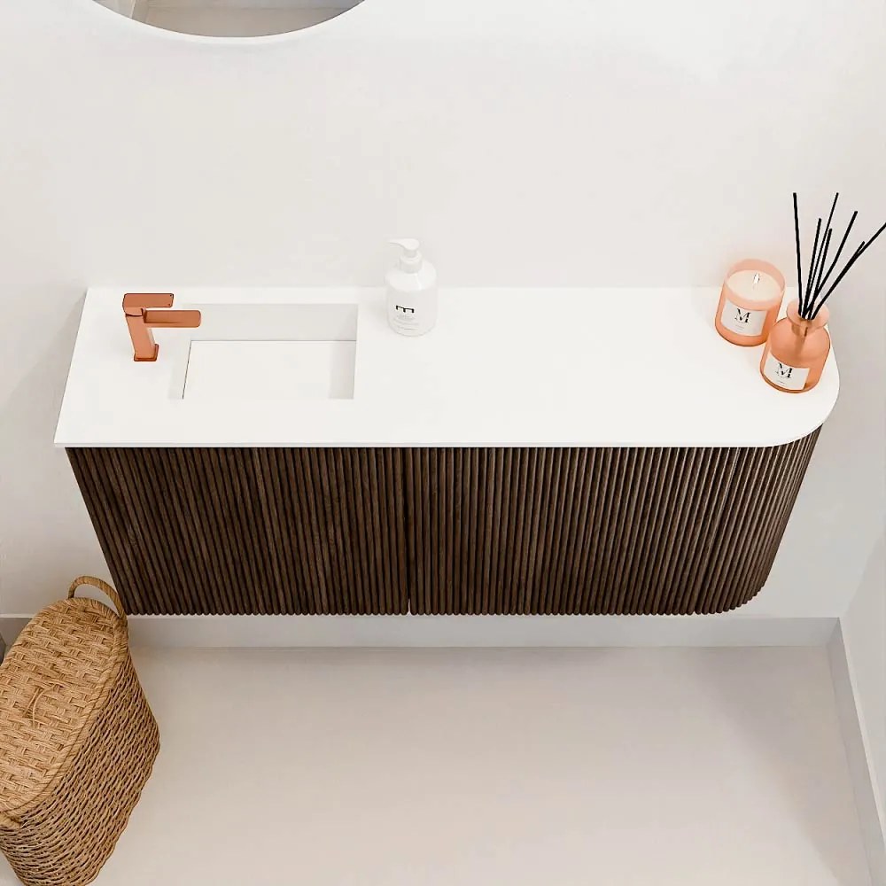 Mondiaz Joya 90cm toiletmeubel ronding rechts walnut met wastafel faye links 1 kraangat talc