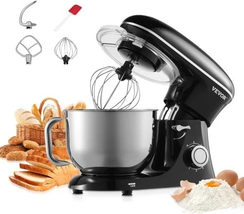 VEVOR Standmixer Deegblender 1400W 5,68L met Kantelbare Kop RVS Kom Deeghaak Garde Schraper Huishoudelijke Keukenmachine voor Bakken en Mixen Zwart