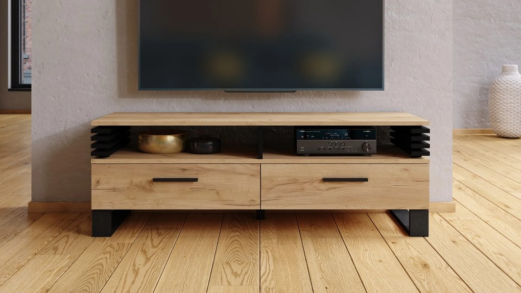 GOKEE RTV-145 Eiken Craft Goud/Zwart mat - MODERNE KAST VOOR ONDER DE TELEVISIE MET LAMELLEN