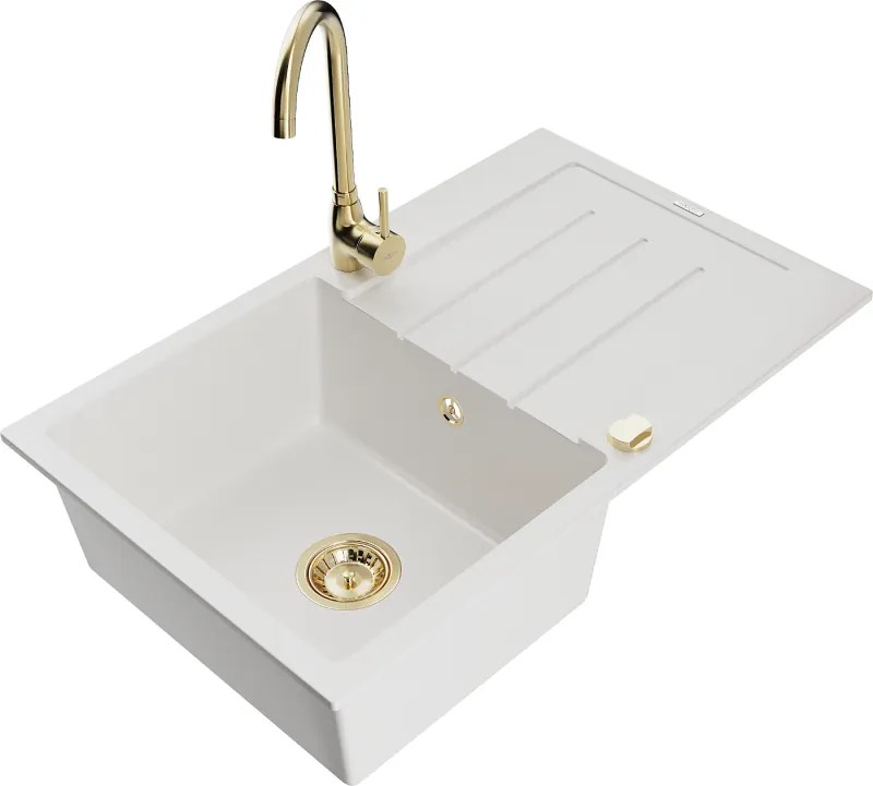 Mexen Bruno granitische 1-kommer spoelbak met afdruiprek en keukenmengkraan Telma, wit - 6513-20-670200-50