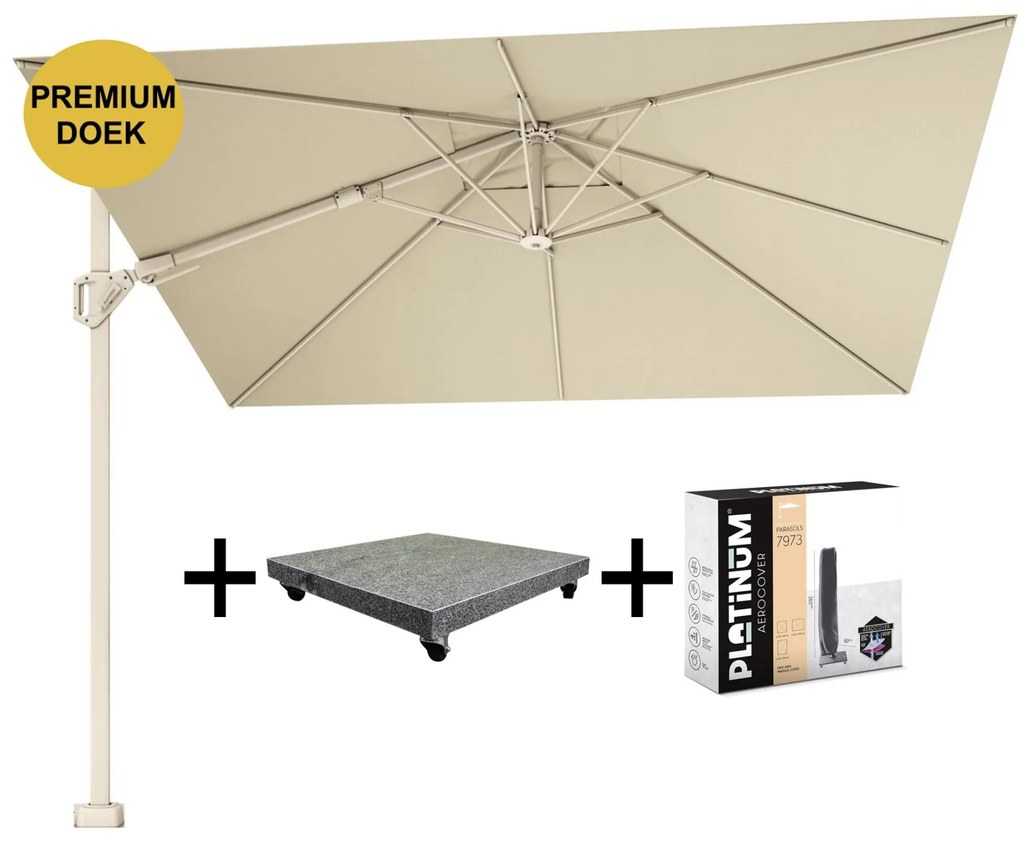 Challenger T2 premium parasol 300x300 cm sandstone champagne met 90KG voet en hoes