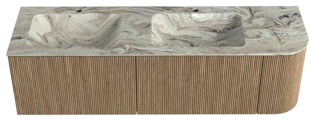 Mondiaz Kurve-dlux 155cm badmeubel ronding rechts dusk met 2 lades en 1 deur en wastafel leaf dubbel/links 2 kraangaten glace