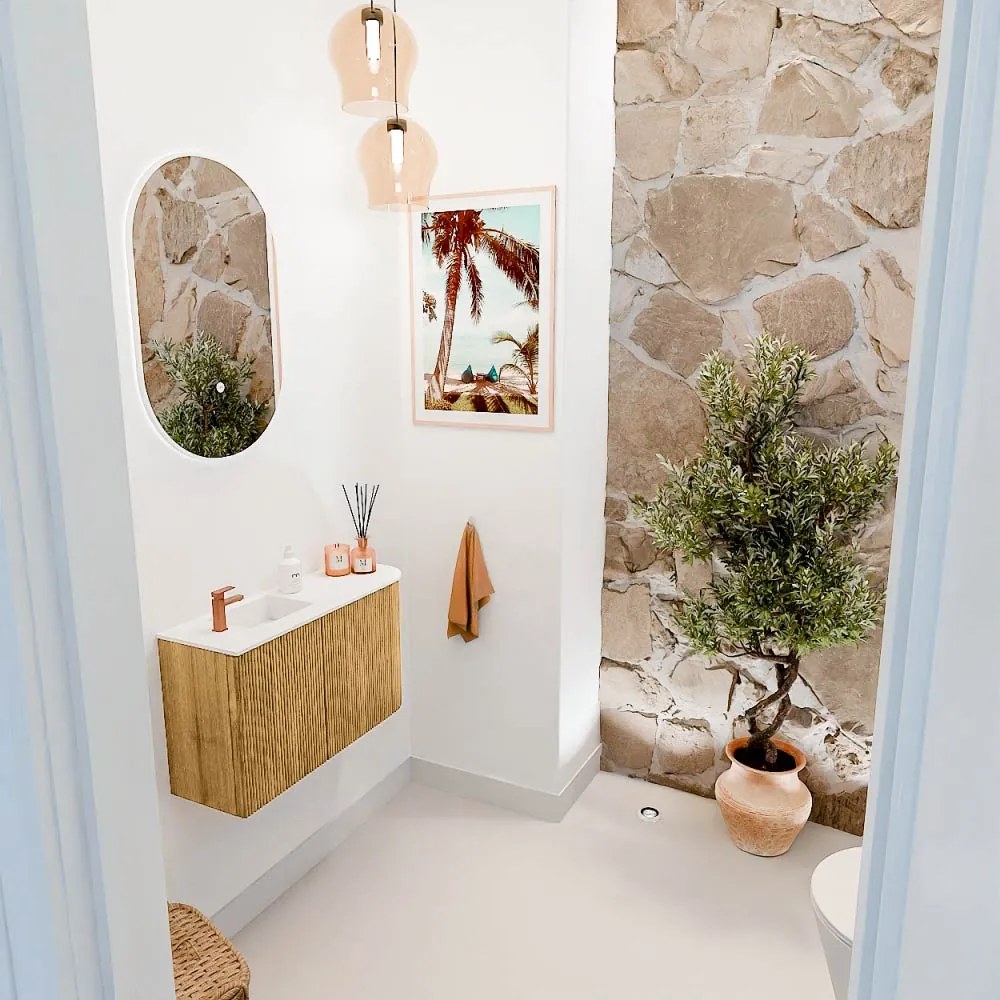 Mondiaz Joya 70cm toiletmeubel ronding rechts oak met wastafel faye links 1 kraangat talc