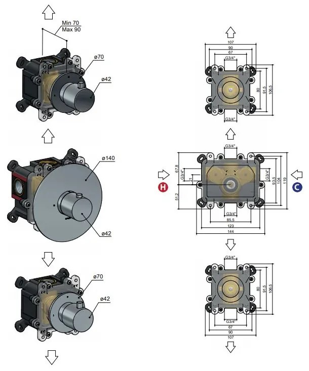 Hotbath Cobber Afbouwdeel Thermostaat met 2 stopkranen Gepolijst Messing CB007