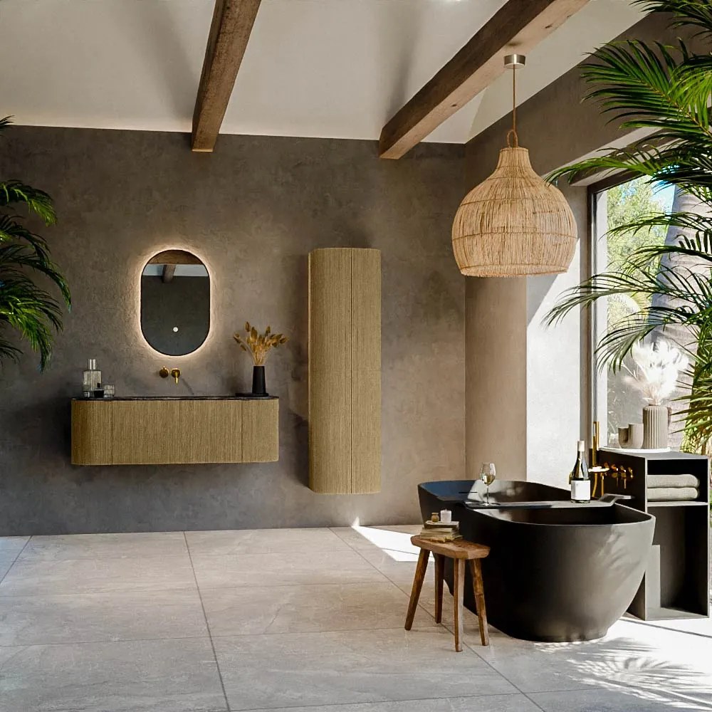 Mondiaz Kurve-dlux 130cm badmeubel ronding links/rechts dusk met 1 lade en 2 deuren en wastafel big small midden zonder kraangat lava