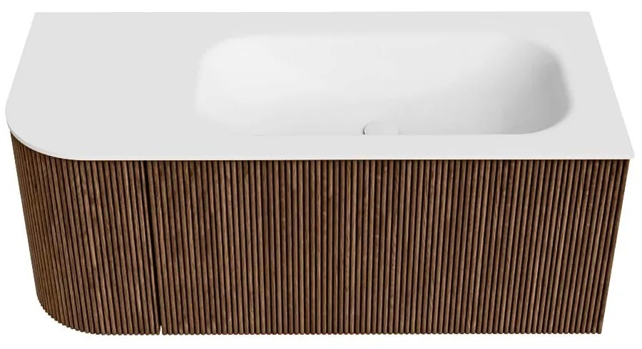 Mondiaz Kurve 105cm badmeubel ronding links walnut met 1 lade en deur en wastafel big small kraangat rechts