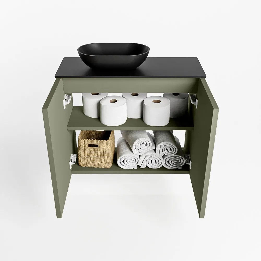 Mondiaz Fowy toiletmeubel 60cm army met zwarte waskom links en kraangat