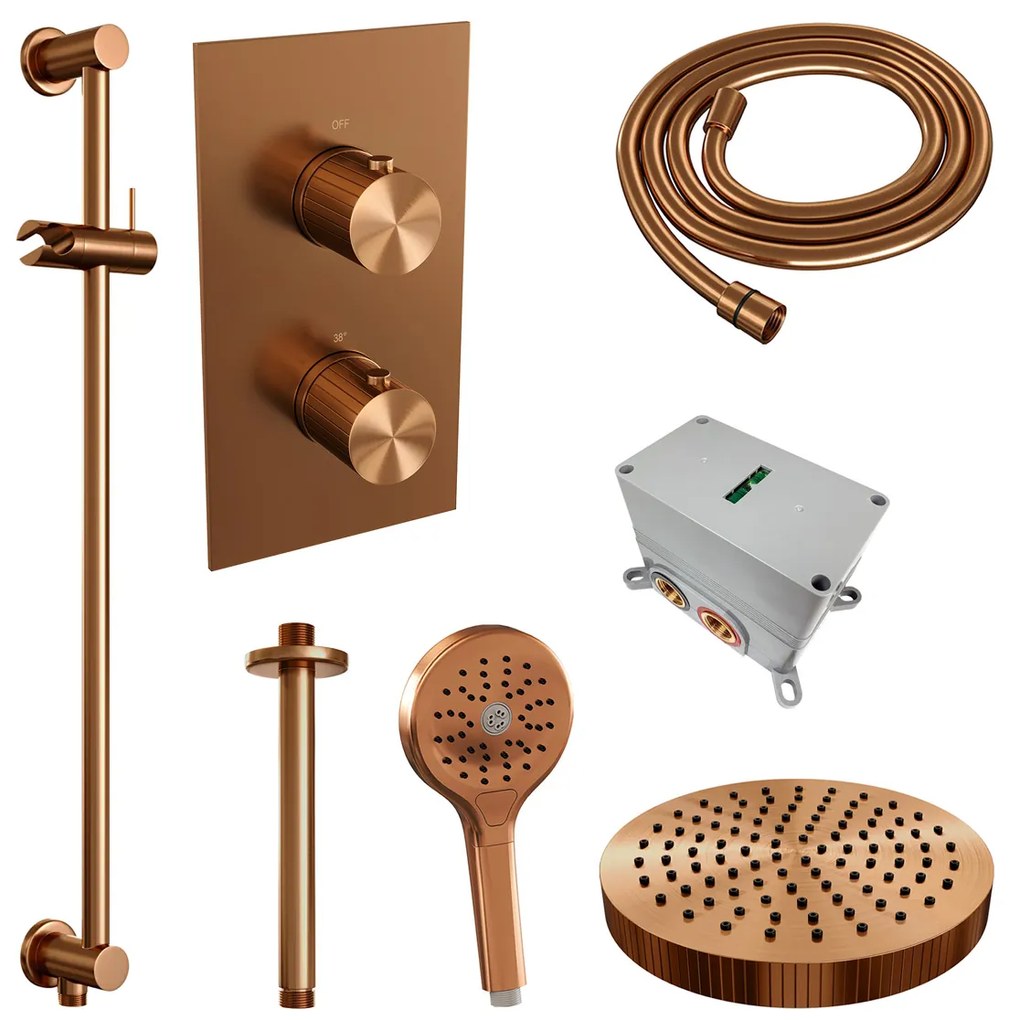 Brauer Stripe inbouw regendouche met 25cm hoofddouche, met plafondarm, glijstang en 3 standen handdouche set 24 koper geborsteld PVD