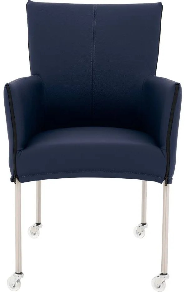 Goossens Eetkamerstoel Funk RVS Poten blauw leer met armleuning en Transparant skater wiel met rvs kapmet wielen, modern design