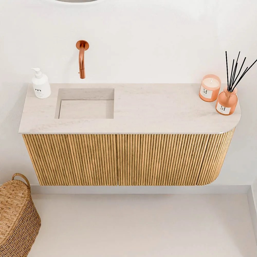 Mondiaz Joya DLux 80cm toiletmeubel ronding rechts oak met wastafel faye links zonder kraangat meli