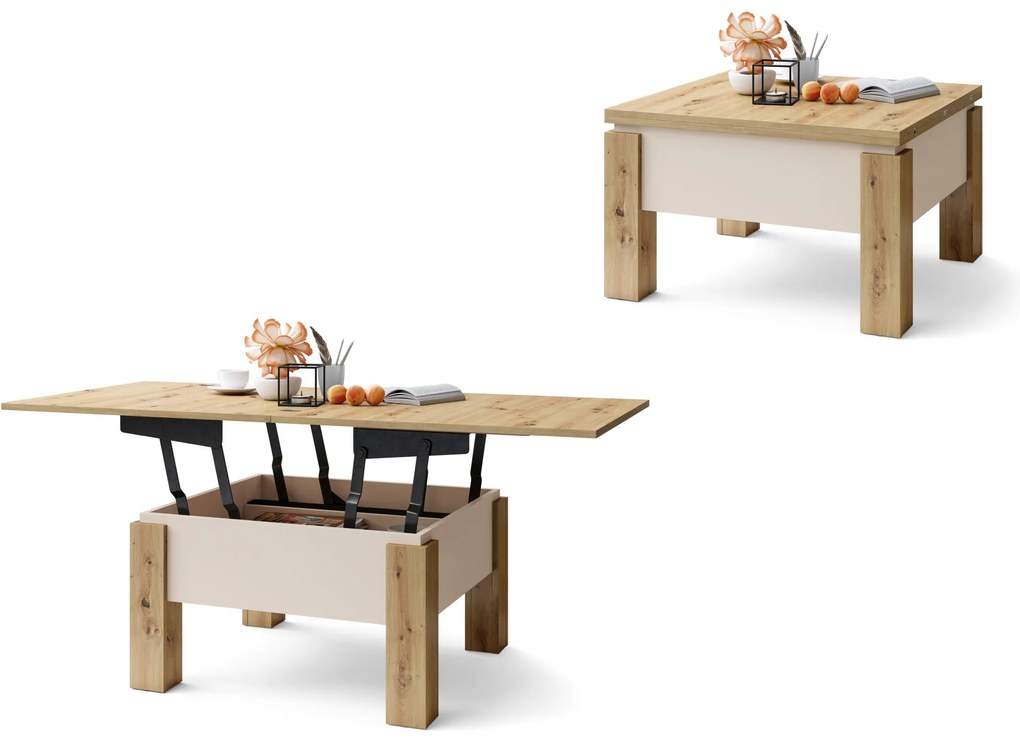 Mazzoni OSLO eiken artisan / beige, uitklapbare salontafel met in hoogte verstelbaar blad