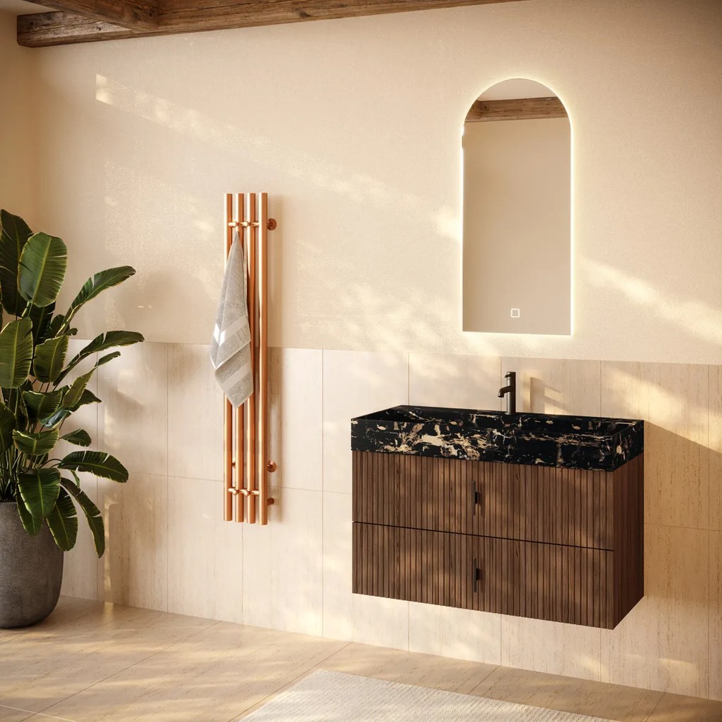Muebles Murcia badmeubel ribbelfront 100cm walnoot met Portoro Gold wastafel met kraangat