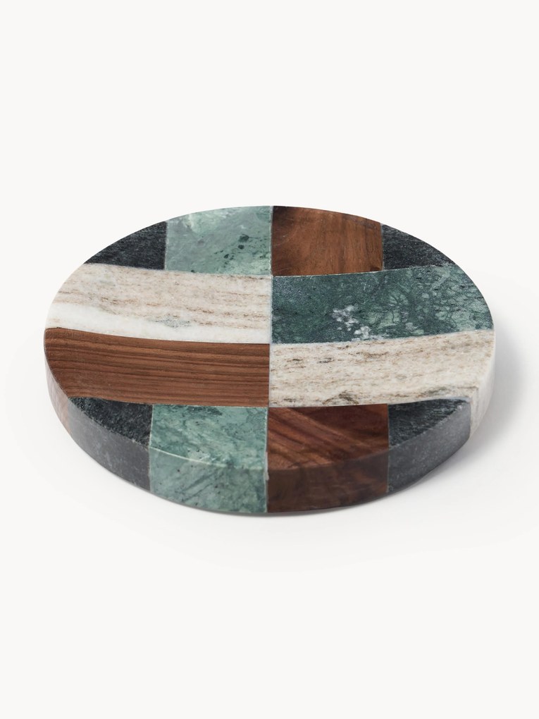 Kleine decoratieve dienblad Mauricio van marmer en walnoothout, Ø 16 cm