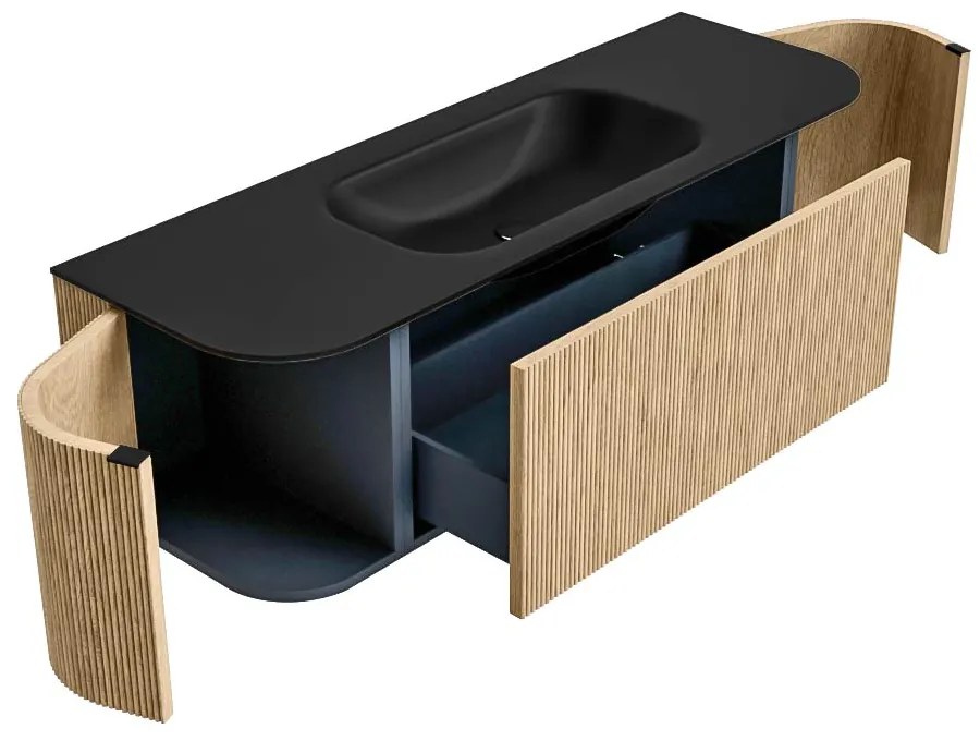 Mondiaz Kurve 140cm badmeubel ronding links/rechts oak met 1 lade en 2 deuren en wastafel big small midden 1 kraangat urban