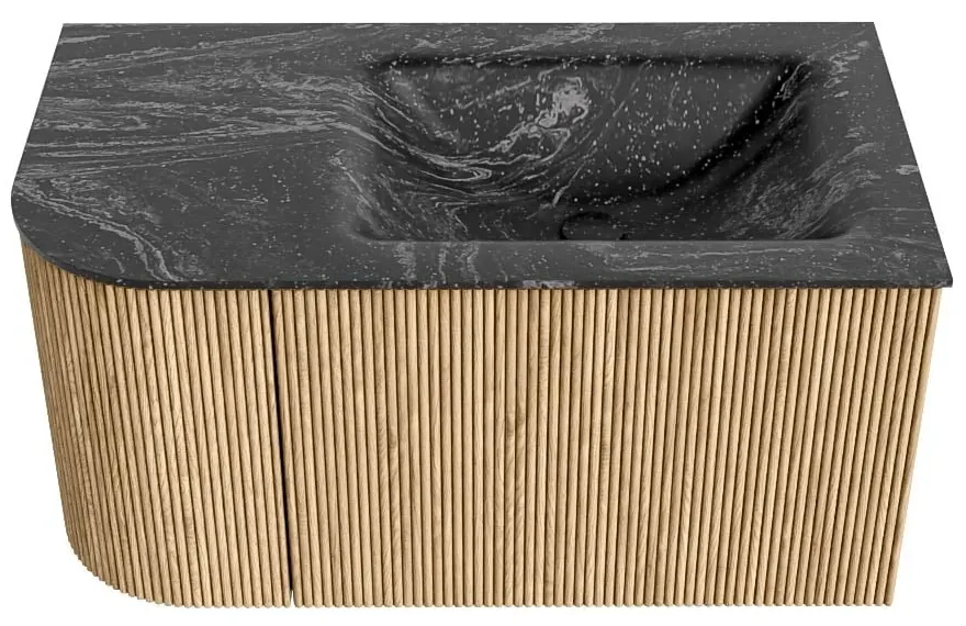 Mondiaz Kurve-dlux 85cm badmeubel ronding links oak met 1 lade en deur en wastafel cloud rechts zonder kraangat lava
