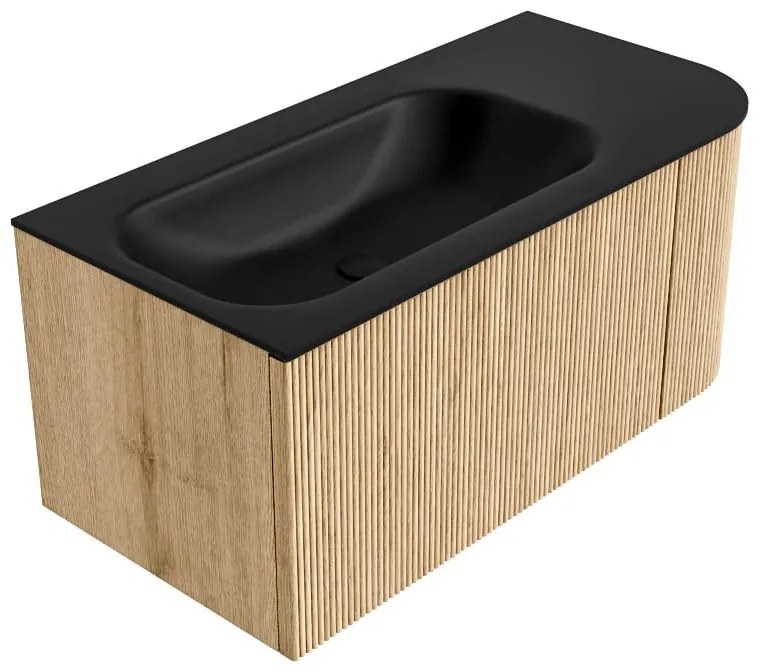 Mondiaz Kurve 95cm badmeubel ronding rechts oak met 1 lade en deur en wastafel big small links zonder kraangat urban