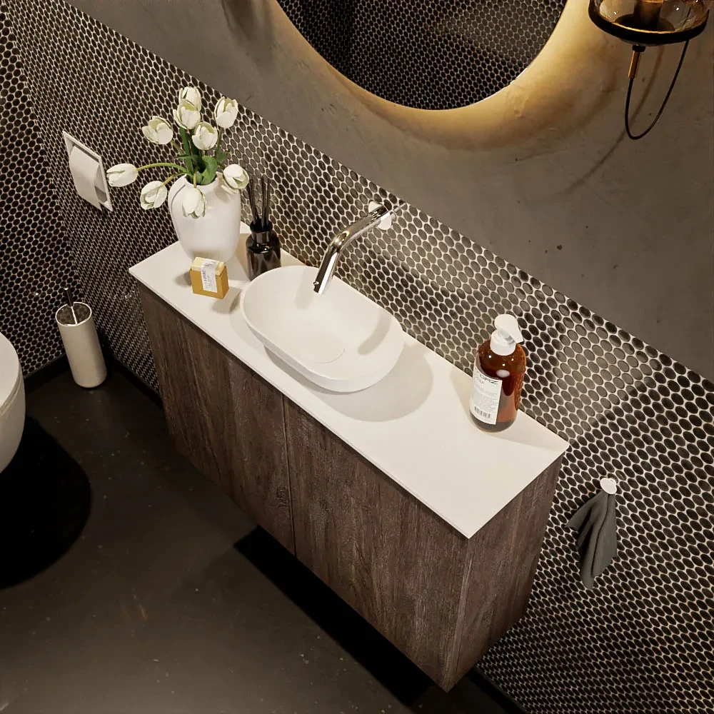 Mondiaz Fowy toiletmeubel 80cm dark brown met witte waskom midden zonder kraangat