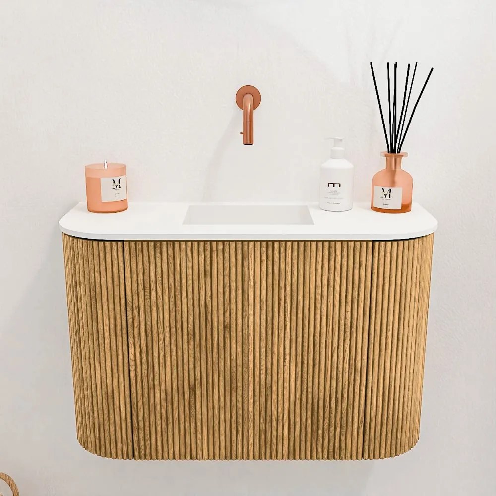 Mondiaz Joya 65cm toiletmeubel ronding links/rechts oak met wastafel faye midden zonder kraangat talc