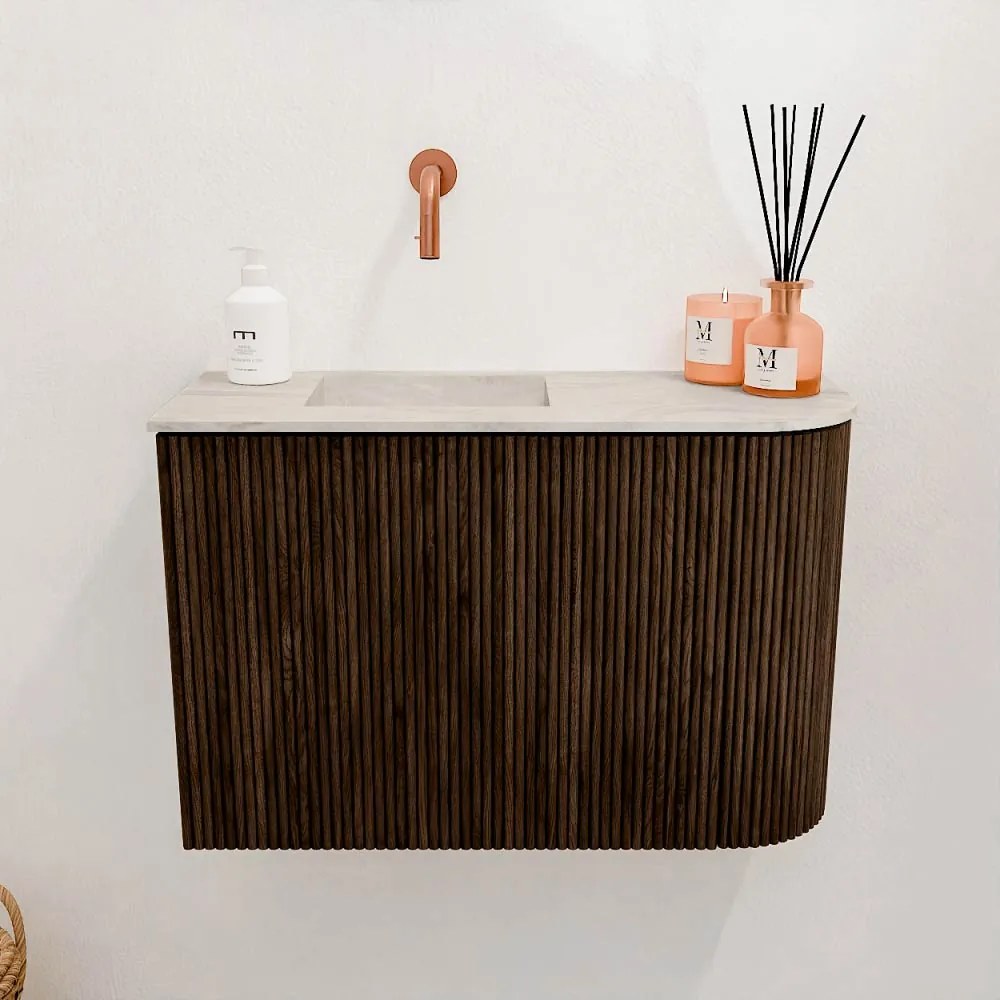 Mondiaz Joya DLux 60cm toiletmeubel ronding rechts walnut met wastafel faye links zonder kraangat ostra