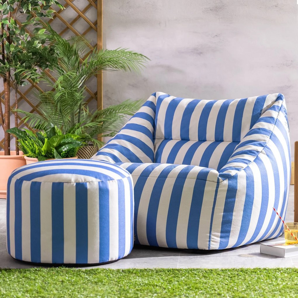 Natalia Outdoor Zitzak Stoel Woven + Poef - Kobaltblauw/Wit