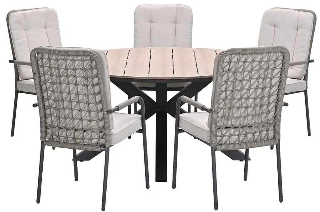 Garden Impressions Aleria tuinset 6-delig taupe - Tulli tuintafel Ø148x75 cm - light teak vironwood