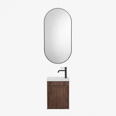 Narek Zwevend Houten Badkamermeubelset Met Geïntegreerde Wastafel Mat Zwart ↑20 Cm Met Afvoerkraan Zonder Overloop Orveta & Donker Hout & Ovale Led En