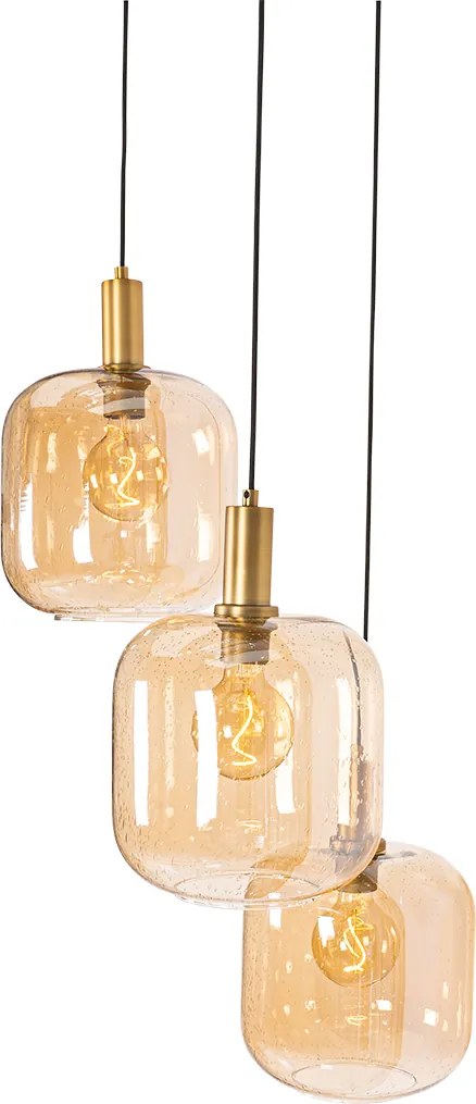 Smart hanglamp zwart met messing en amber glas 3-lichts incl. 3 Wifi G95 - Zuzanna