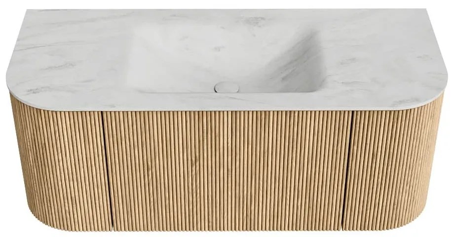 Mondiaz Kurve-dlux 110cm badmeubel ronding links/rechts oak met 1 lade en 2 deuren en wastafel cloud midden 1 kraangat opalo