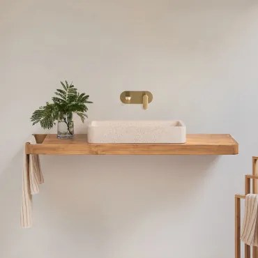 Conjunto Van Meubel 130x45 Cm Hangend In Teakhout Neill Teakhout & Rechthoekig Wit Cement 60x30 Cm Ronald & Spiegelloze & Goud Ingebed Met - Sklum