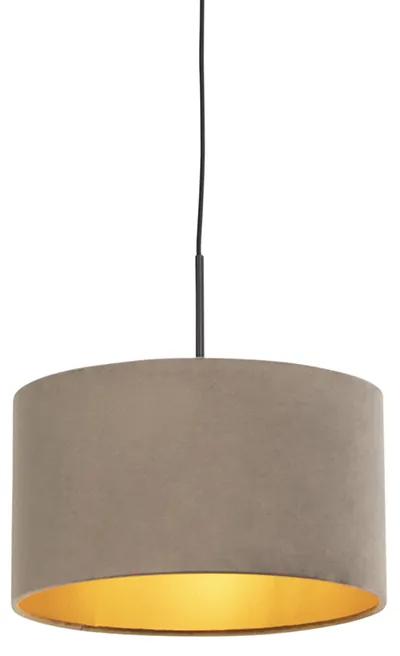 Stoffen Hanglamp met velours kap taupe met goud 35 cm - Combi Landelijk / Rustiek E27 cilinder / rond rond Binnenverlichting Lamp