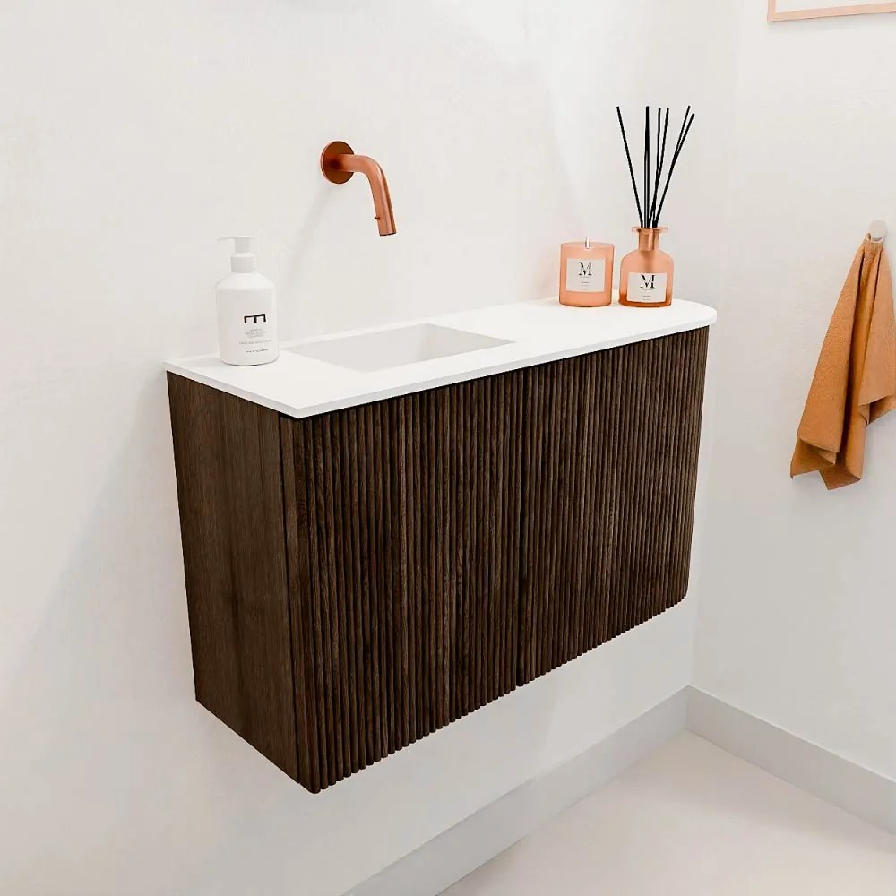 Mondiaz Joya 70cm toiletmeubel ronding rechts walnut met wastafel faye links zonder kraangat talc