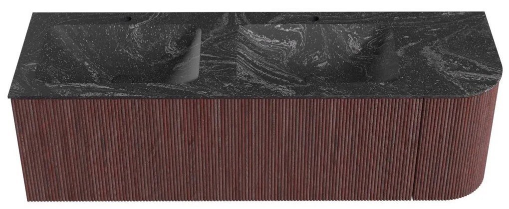 Mondiaz Kurve-dlux 145cm badmeubel ronding rechts ruby met 1 lade en deur en wastafel leaf dubbel/links 2 kraangaten lava