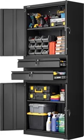 VEVOR metalen opbergkast, garagekast met 4 deuren, 2 lades, 2 verstelbare planken, 1,8 m hoge kast met een draagvermogen van 81,5 kg, multifunctionele kast voor garage, kantoor, werkplaats, zwart