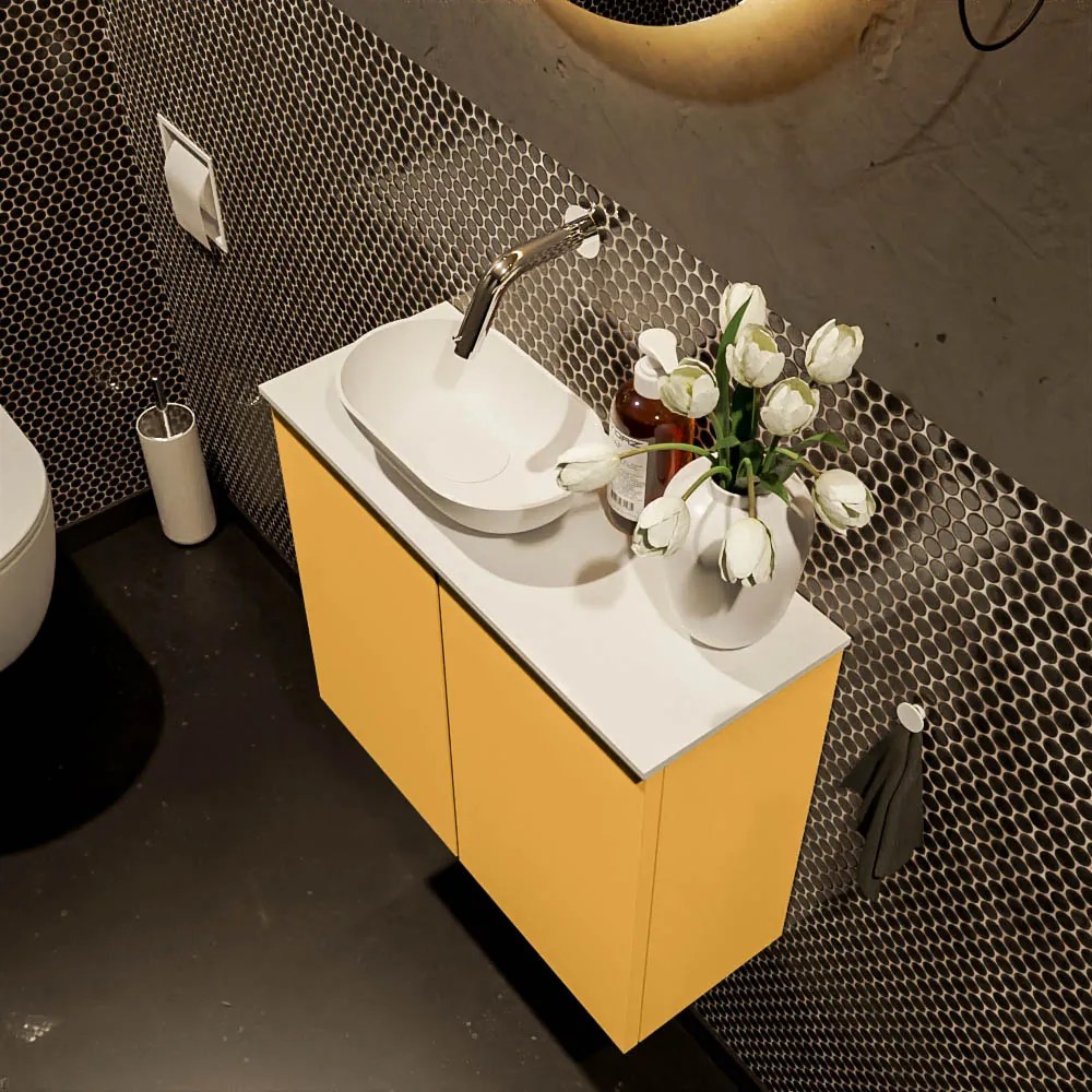 Mondiaz Fowy toiletmeubel 60cm ocher met witte waskom links zonder kraangat