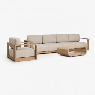 Tuinset Met 4-delige Modulaire Bank Met Armleuningen, Fauteuil En Salontafel Van Acaciahout Brivori Lichte Acaciekleur - Sklum
