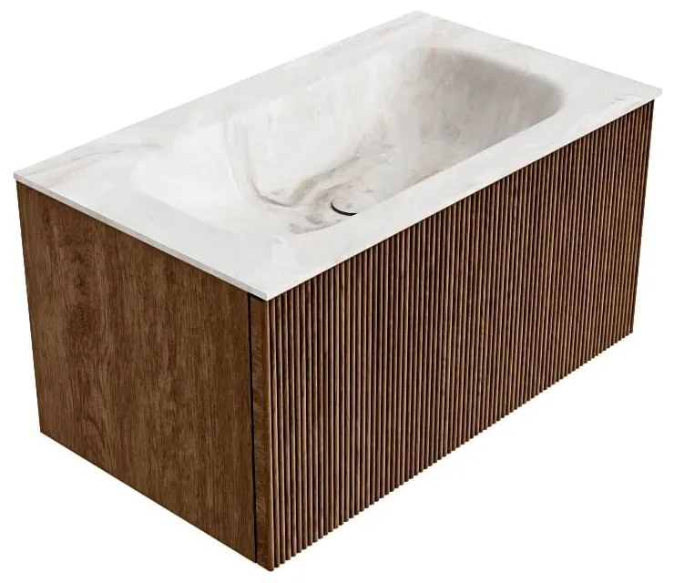 Mondiaz Kurve-dlux 80cm badmeubel walnut met 1 lade en wastafel big small midden 1 kraangat frappe