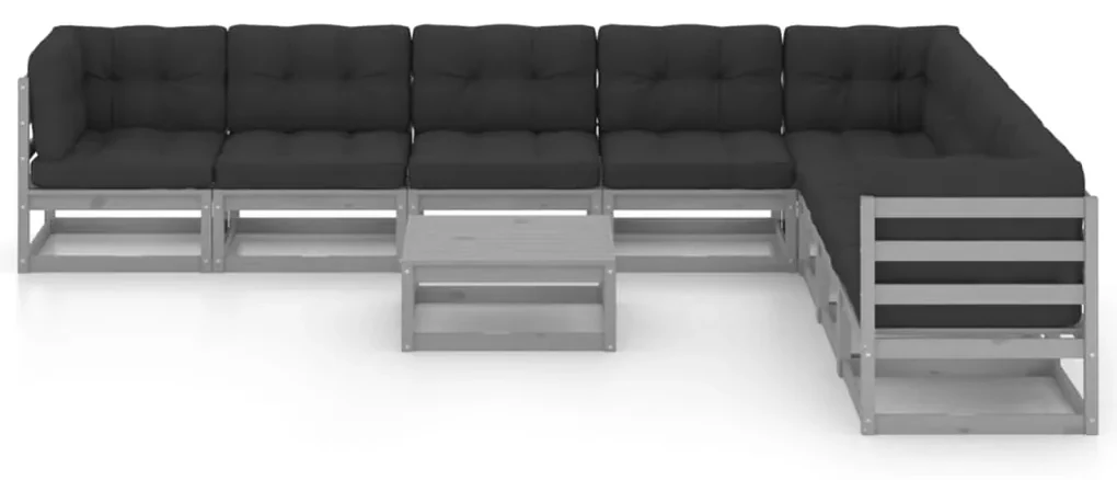 vidaXL 9-delige Loungeset met kussens massief grenenhout grijs