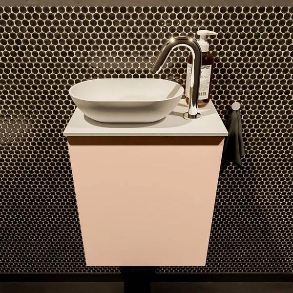 Mondiaz Fowy toiletmeubel 40x50x23cm rosee mat 1 kraangat wasbak: links 1 deur solid surface met blad MDF kleur wasbak: Wit / Zwart FOWY59001roseetalc