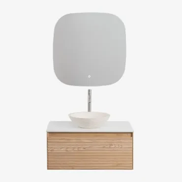 Tedrik Badkamermeubelset In Essenhout Ash Brown & Rond Cement Wit Ø40 Cm Zavion & Vierkant Led En Anticondens 75x75 Cm Tobie & - Sklum