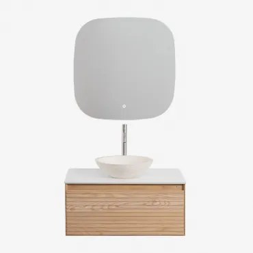 Tedrik Zwevend Badkamermeubelset Van Essenhout Ash Brown & Rond Cement Wit Ø40 Cm Zavion & Vierkant Led En Anticondens 75x75 Cm Riben & - Sklum