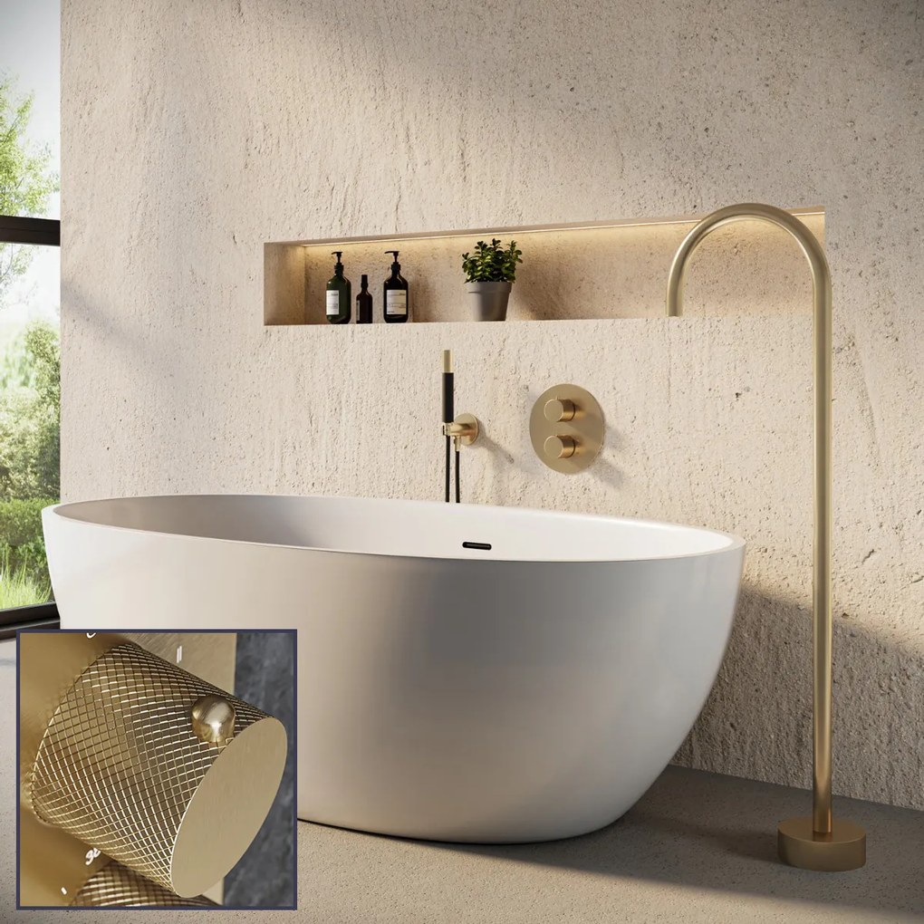 Saniclear Brass Curved Pro inbouw badkraan rond met vrijstaande uitloop geborsteld messing - mat goud