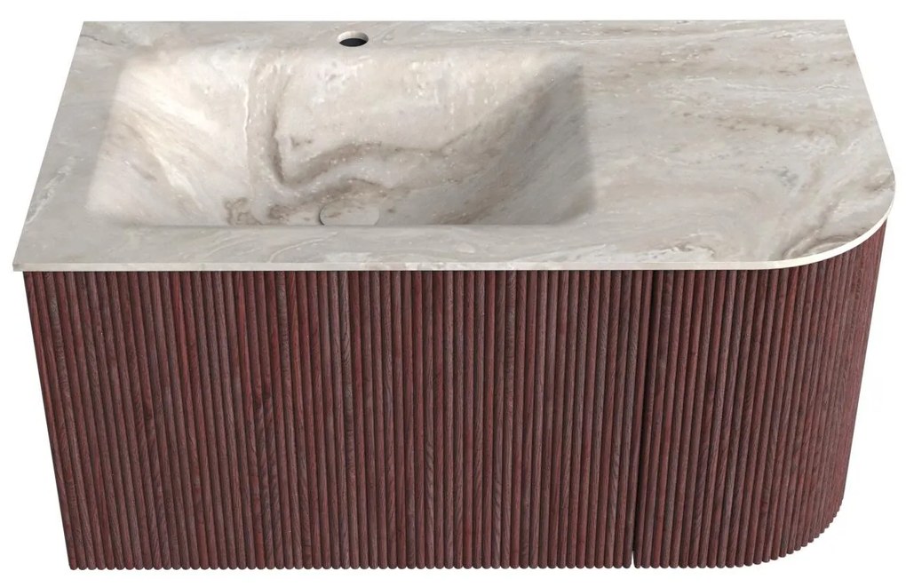 Mondiaz Kurve-dlux 85cm badmeubel ronding rechts ruby met 1 lade en deur en wastafel cloud kraangat links frappe
