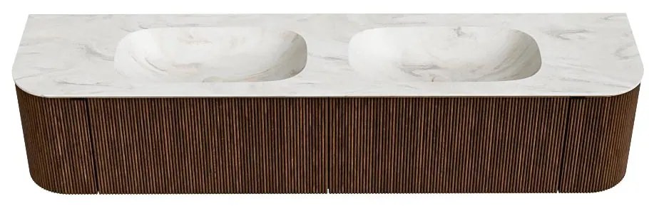 Mondiaz Kurve-dlux 200cm badmeubel ronding links/rechts walnut met 2 lades en deuren en wastafel stor small dubbel 2 kraangaten ostra