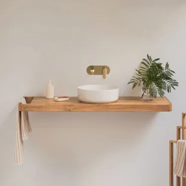 Conjunto Van Meubel 130x45 Cm Hangend In Teakhout Neill Teakhout & Rond Keramiek Wit Ø40 Cm Lenka & Spiegelloze & Geborsteld Goud Inbouw Met Aftapkraa