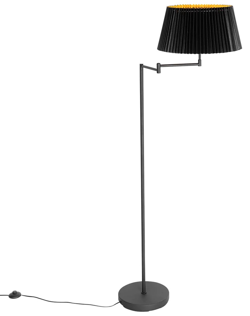 Vloerlamp zwart met zwart plisse kap en verstelbare arm - Ladas Deluxe