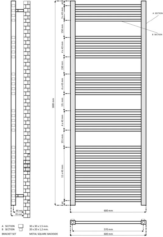 Eastbrook Tuscan Square multirail handdoekradiator 60x120cm 1147W zwart mat