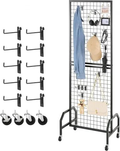 VEVOR Grid Wall Panels Grid Wall 60 x 164 cm 1 st. Oprolbare displaystandaard met 10 haken, displayplanken van koolstofstaal, kunsttentoonstellingsplank voor decoratieopslag, zwart