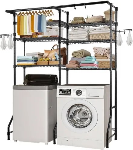 VEVOR Opbergrek voor wasmachine en droger, 6-laags droogrek met kledingstang en haken, tweelaags en verstelbare planken voor wasmachine voor opslag en organisatie, zwart