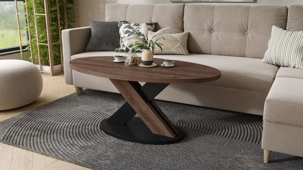 Mazzoni LOXA Bruin Eiken / Zwart - OVALE SALONTAFEL 120x65 cm